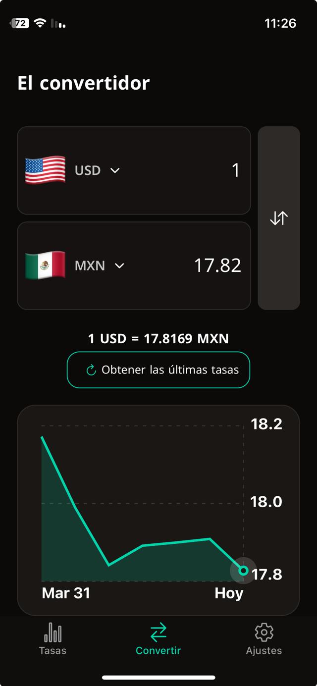 Captura de la app mostrando el conversor de USD a MXN